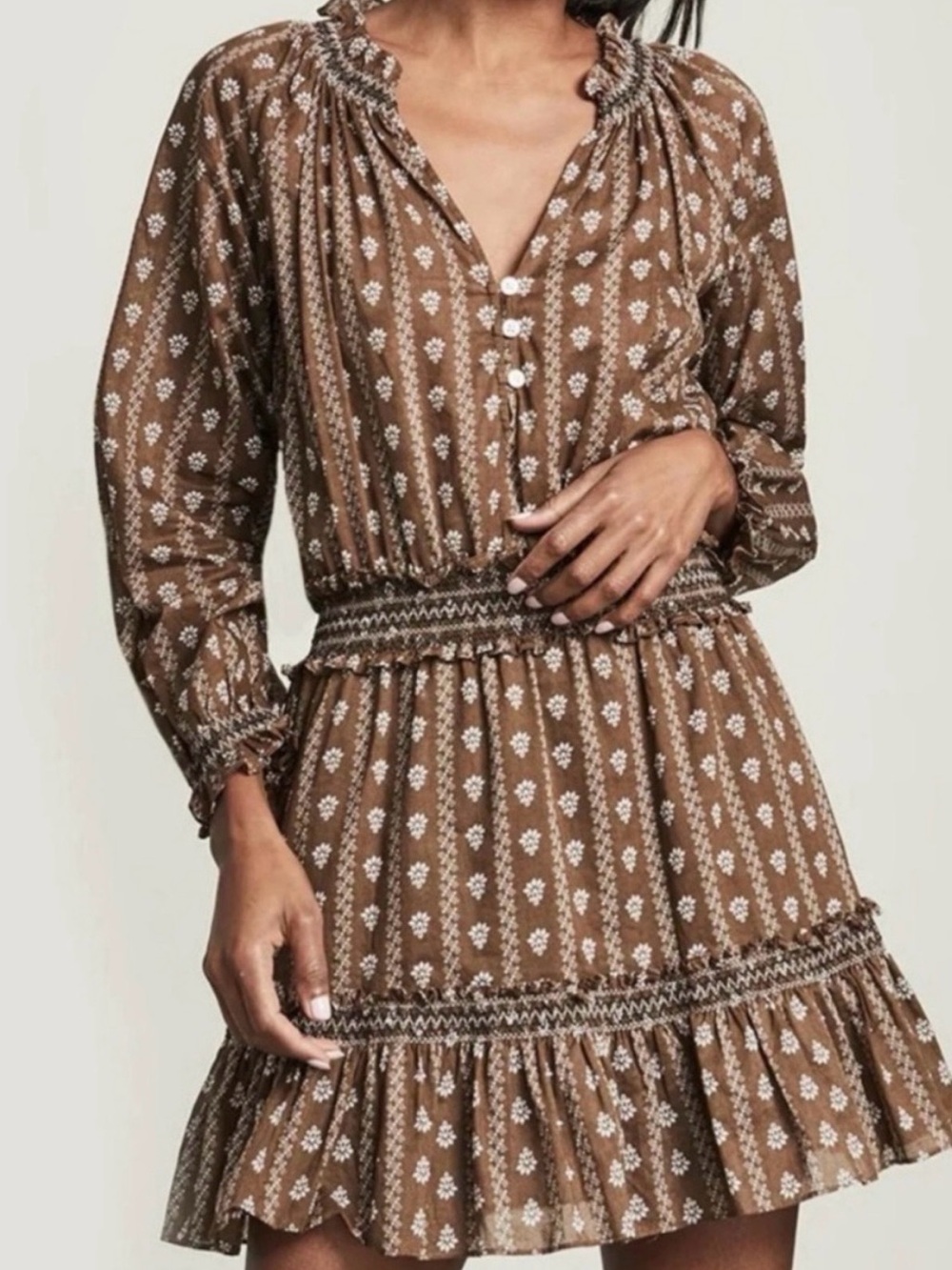 Veronica Beard - NWT- Brown Printed Smocked Waist Mini Dress